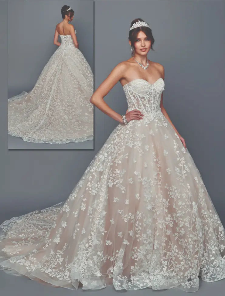 Champagne Lace Strapless Ball Gown Wedding Dress with Sweetheart Neckline & Chapel Train