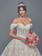 Champagne Lace Off-Shoulder Ball Gown Wedding Dress with Sweetheart Neckline & Chapel Train