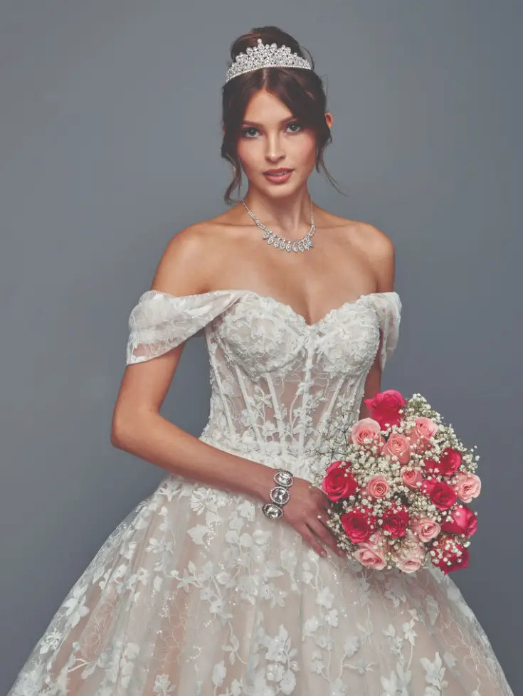 Champagne Lace Off-Shoulder Ball Gown Wedding Dress with Sweetheart Neckline & Chapel Train