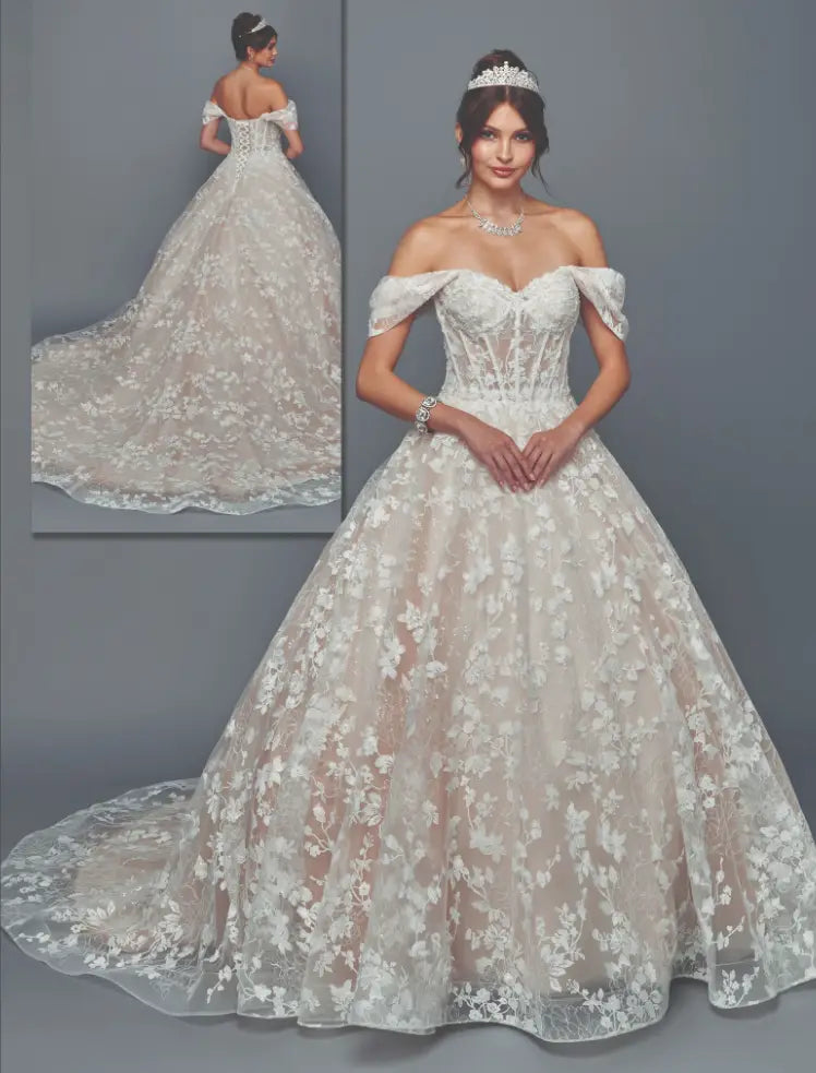 Champagne Lace Off-Shoulder Ball Gown Wedding Dress with Sweetheart Neckline & Chapel Train