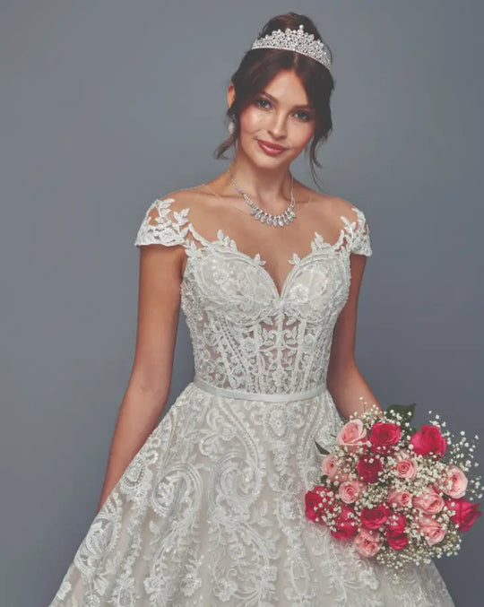 Champagne Lace Cap Sleeve A-Line Wedding Dress with Illusion Sweetheart Neckline & Court Train