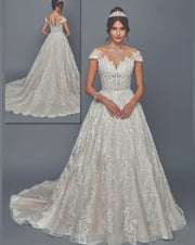 Champagne Lace Cap Sleeve A-Line Wedding Dress with Illusion Sweetheart Neckline & Court Train