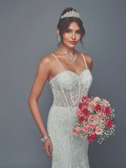 Ivory Lace Mermaid Wedding Dress with Sweetheart Neckline, Removable Straps & Court Train