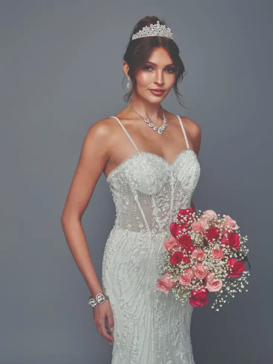 Ivory Lace Mermaid Wedding Dress with Sweetheart Neckline, Removable Straps & Court Train