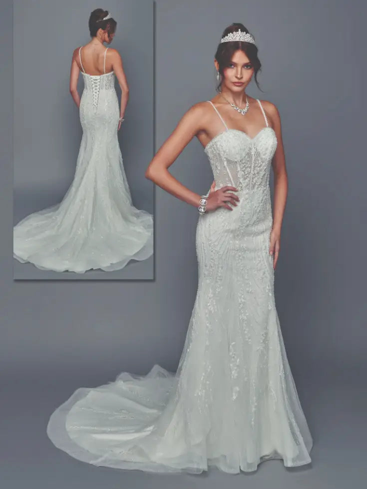 Ivory Lace Mermaid Wedding Dress with Sweetheart Neckline, Removable Straps & Court Train