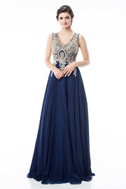 Chiffon Embroidered Rhinestone Empire Waist Evening Dress