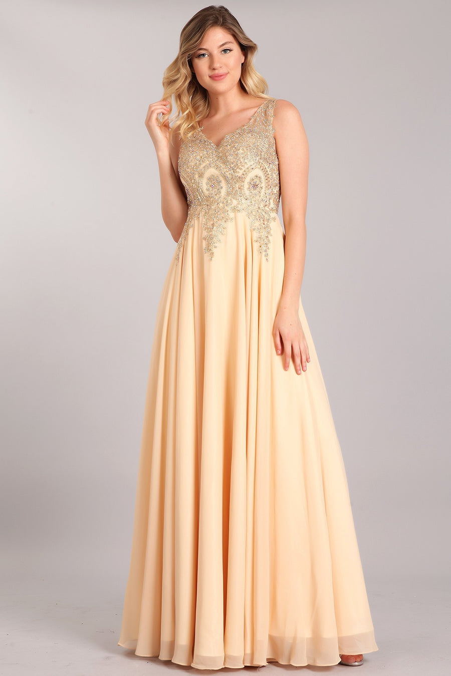 Chiffon Embroidered Rhinestone Empire Waist Evening Dress