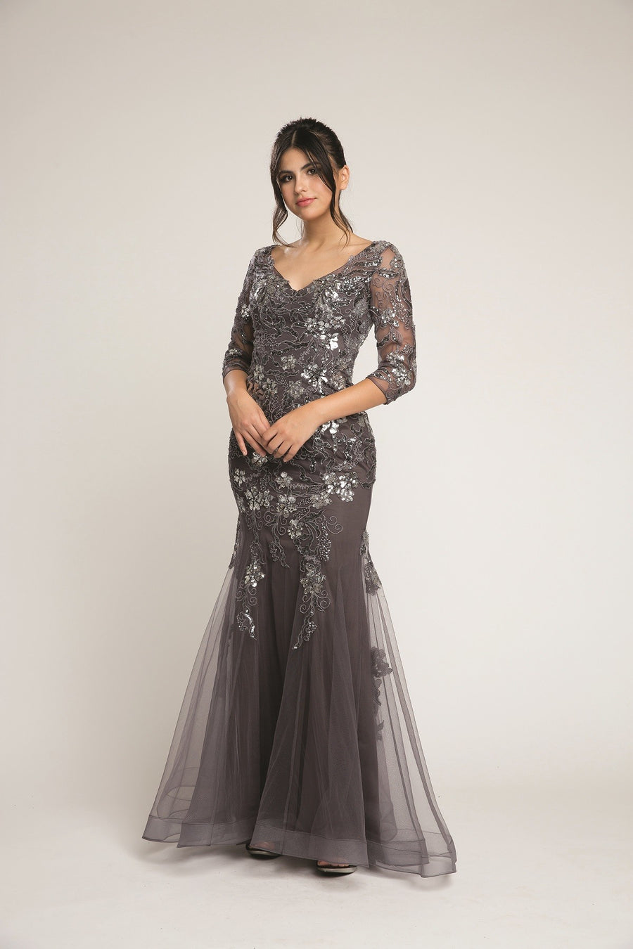 Embroidered Sequin Fit-and-Flare Layered Mother Of Bride Dress