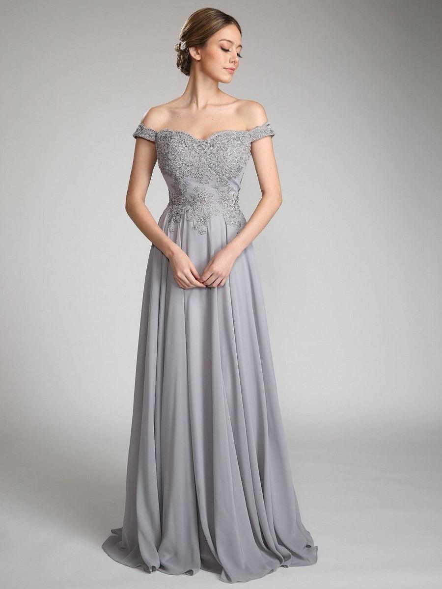 Off The Shoulder Embroidered A-line Sleek Bridesmaid Dress Silver / 2XL Off The Shoulder Embroidered A-line Sleek Bridesmaid Dress Silver / 2XL