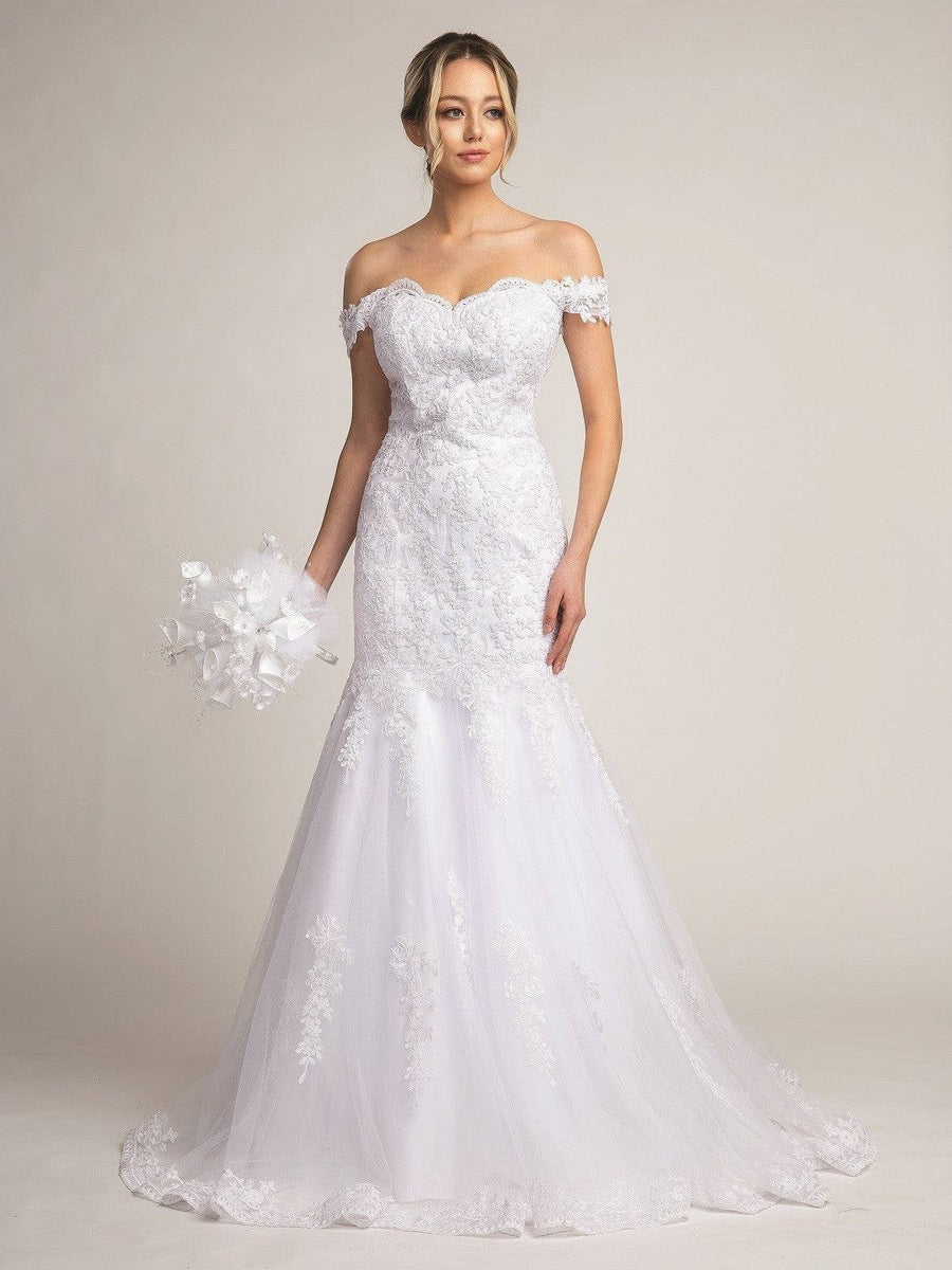 Off The Shoulder Lace Fit-and-flare Long Train Wedding Dress La Estrellita Fashion Off The Shoulder Lace Fit-and-flare Long Train Wedding Dress La Estrellita Fashion