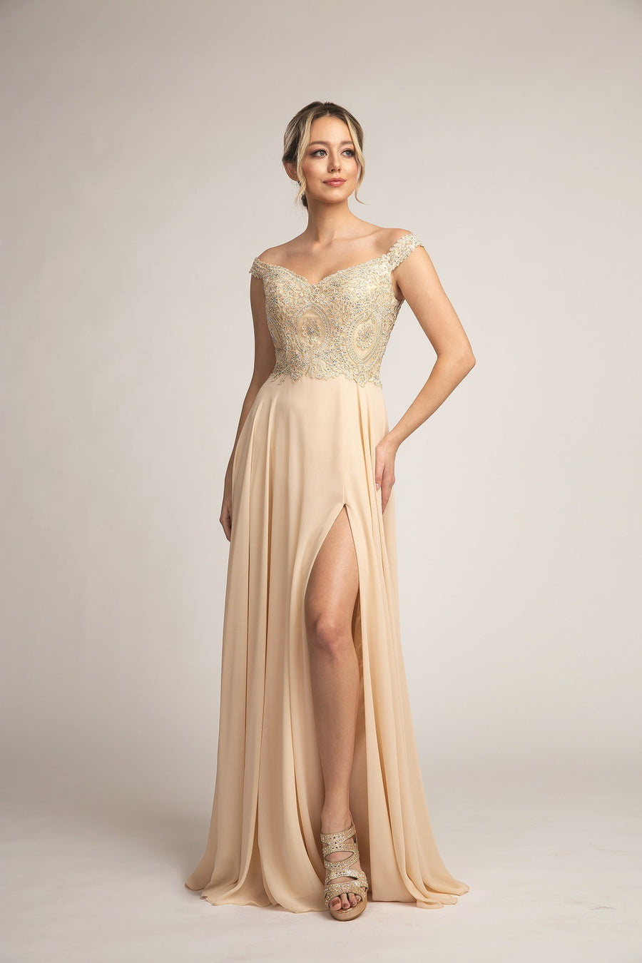 Off The Shoulder Embellished Sheath Chiffon Prom Dress