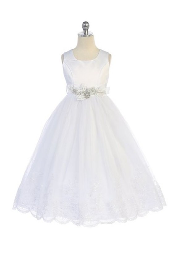 Satin Lace Rhinestone Flower Girls Dress