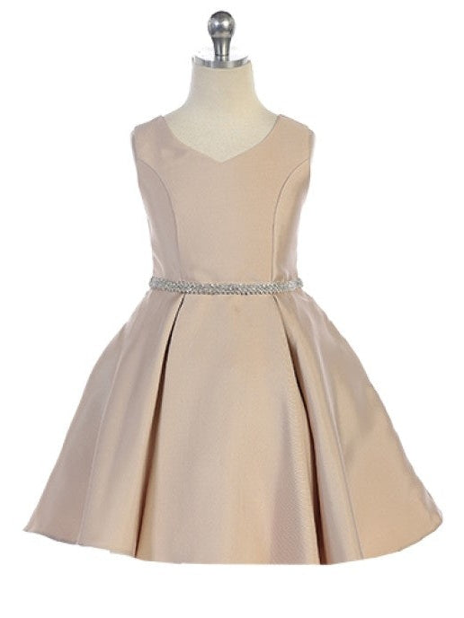 Elegant Rhinestone Trimmed Sleeveless Mikado Knee-Length  Girls Dress