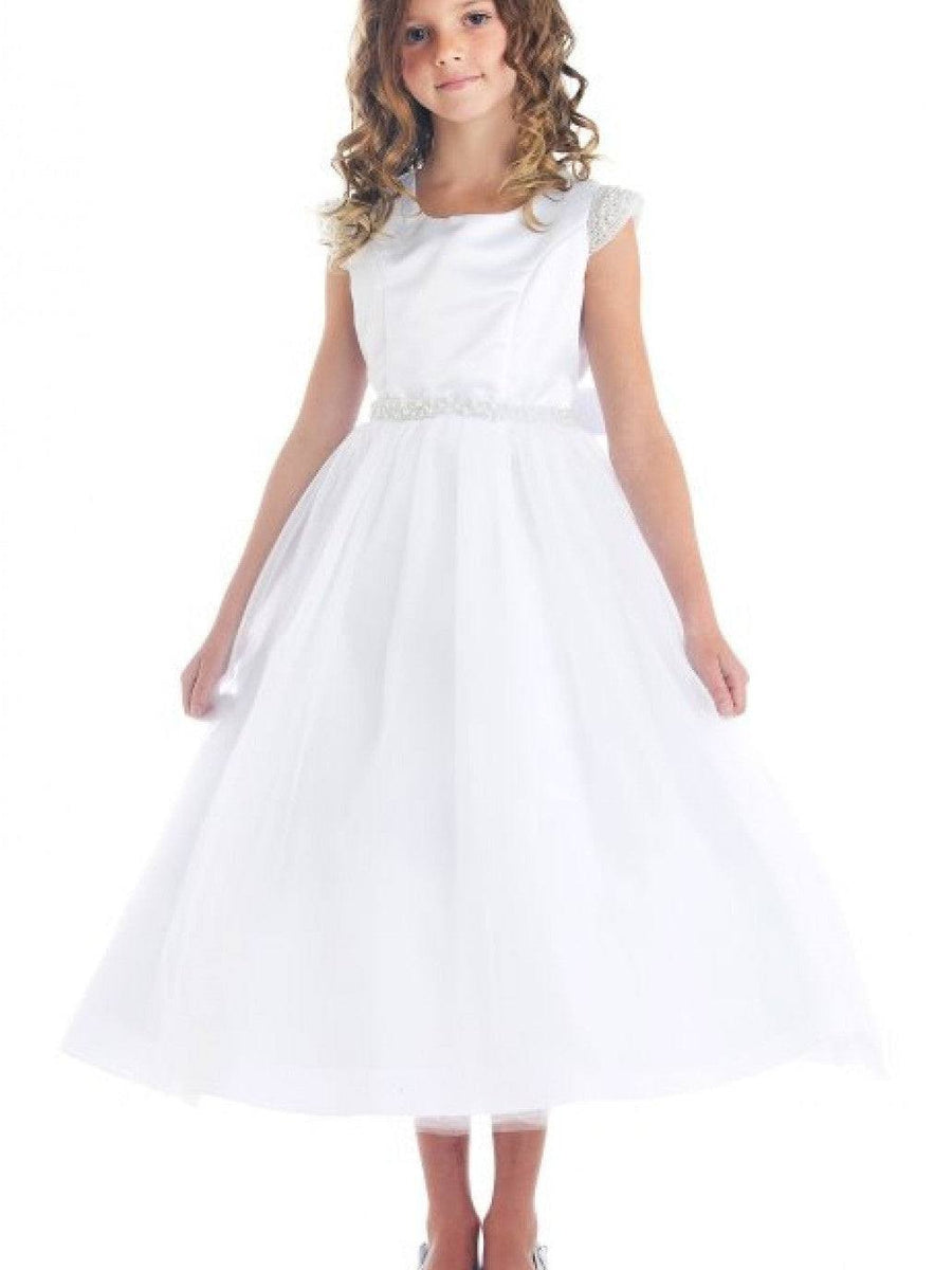 Charming Embellished Pearl Tulle Satin Ankle-Length Girl's Dress