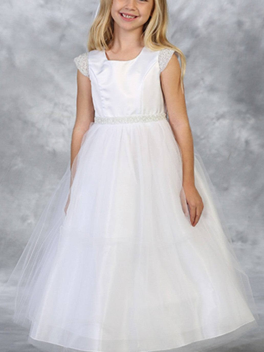 Charming Embellished Pearl Tulle Satin Ankle-Length Girl's Dress