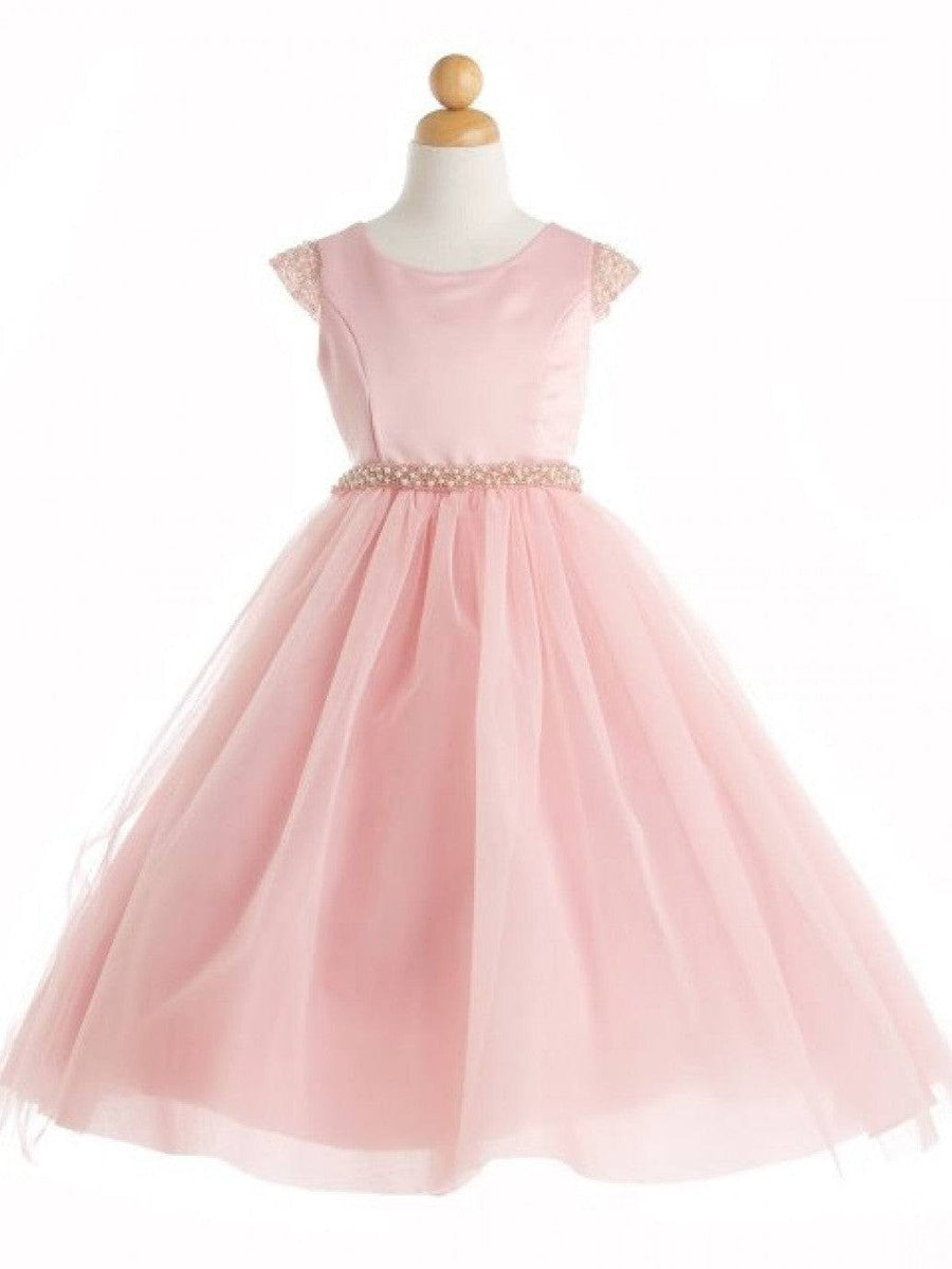 Charming Embellished Pearl Tulle Satin Ankle-Length Girl's Dress