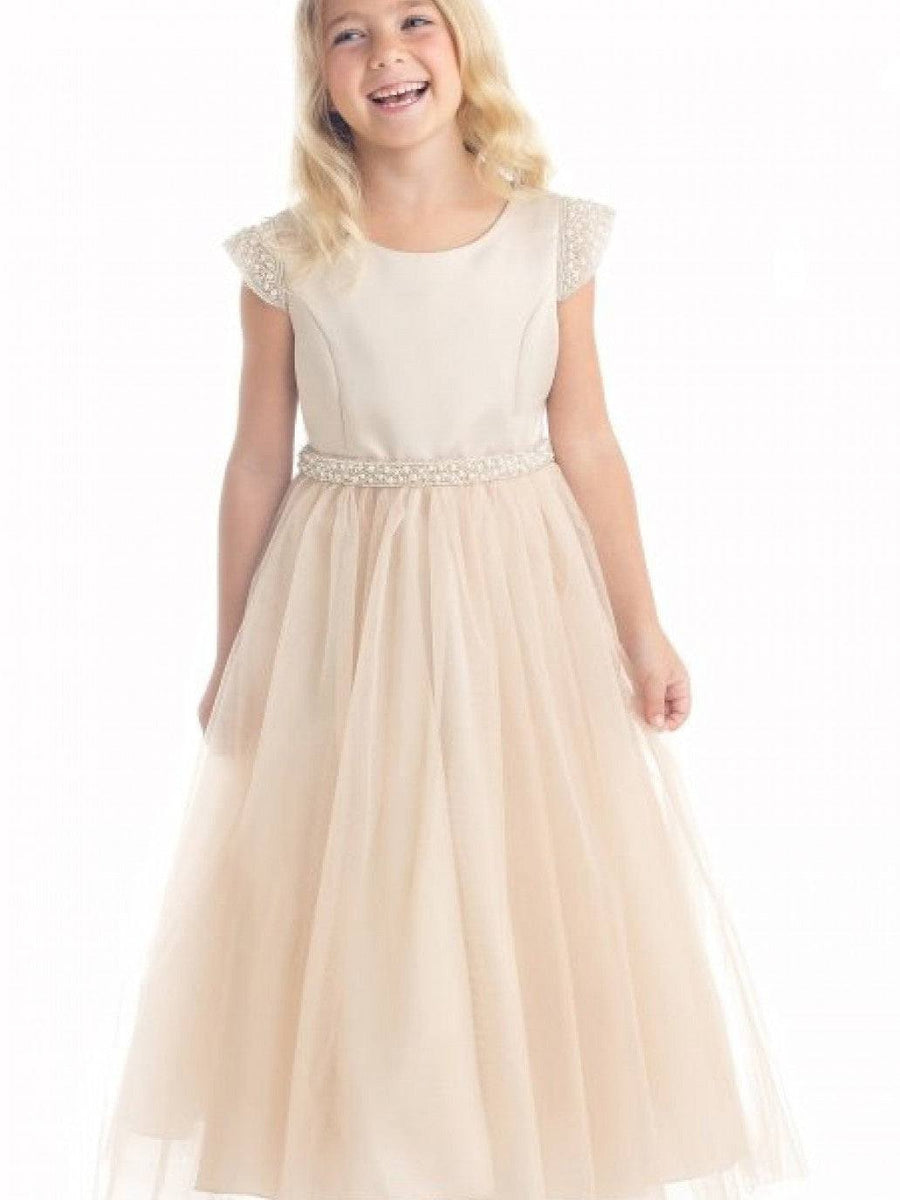 Charming Embellished Pearl Tulle Satin Ankle-Length Girl's Dress