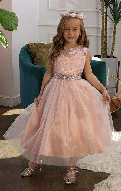 Lace Embroidered Belted Satin Mesh Skirt Girls Dress