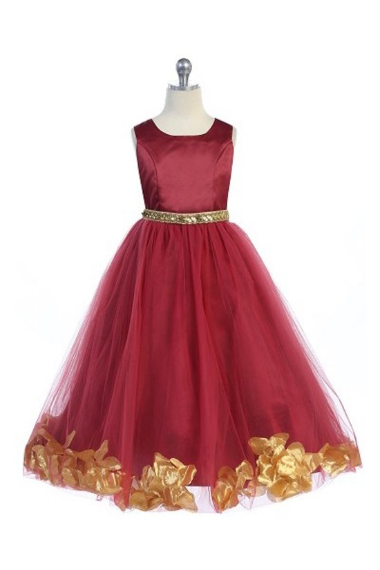 Floral Embellished Belted Satin GIrls Dress