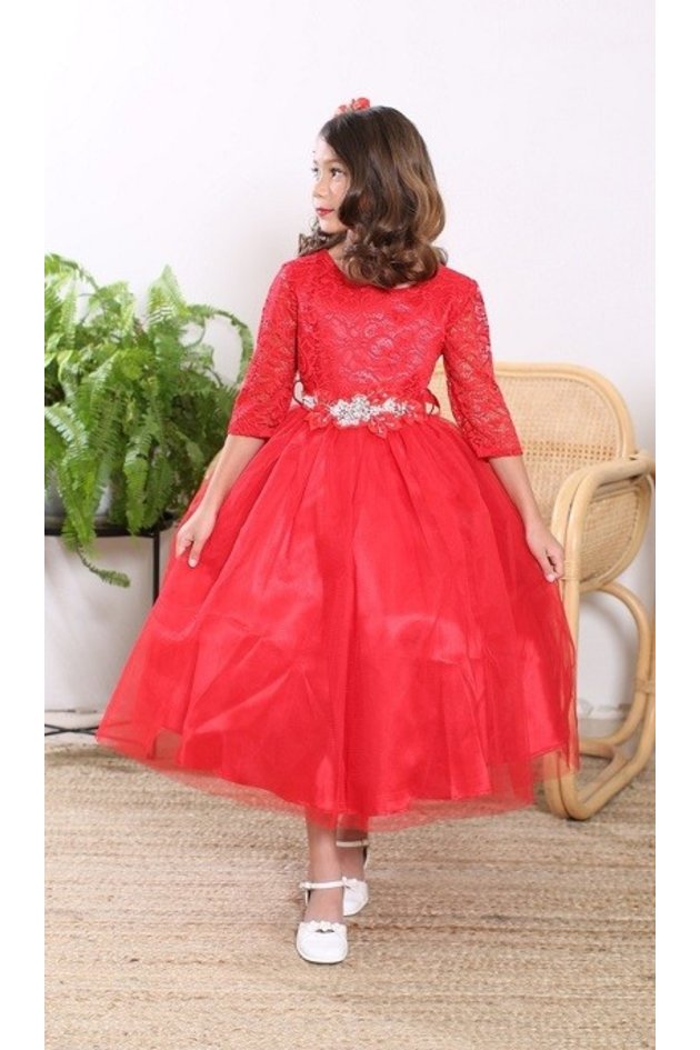 Floral Lace Tulle Long Sleeve Belted Girls Dress