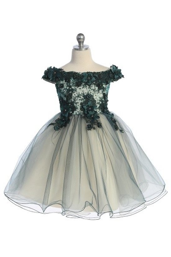 Floral Embellished Tulle Little Girls Dress