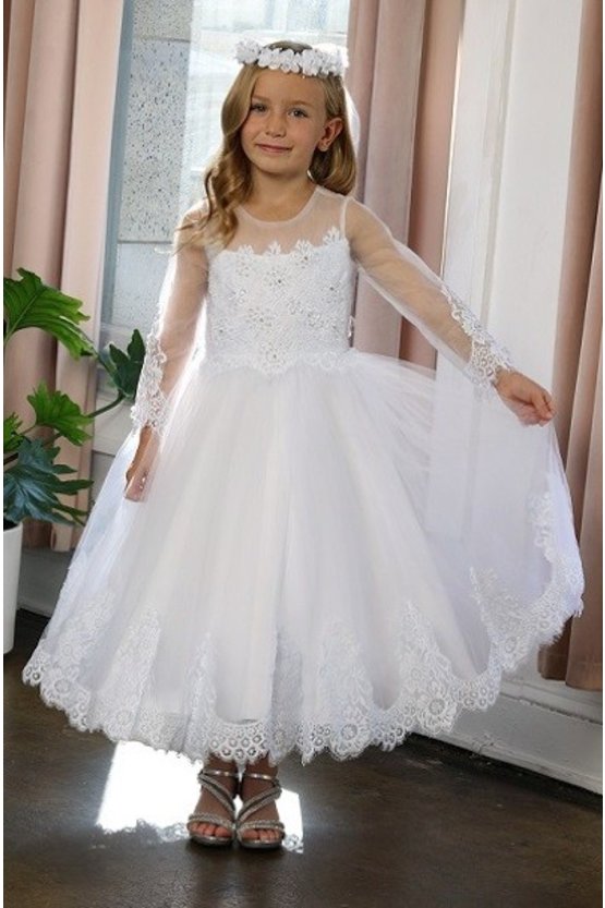 Lace Embroidered Detailed Mesh Long Sleeve Flower Girls Dress