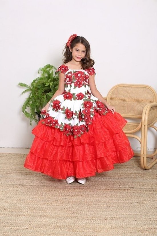 Floral Embroidered Layered Charro Girls Dress