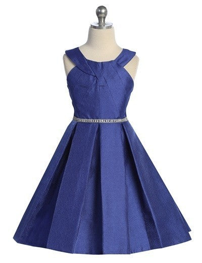 Halter Metallic Pleated Skirt Rhinestone Belt Mid Length Girls Dress