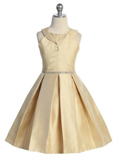 Halter Metallic Pleated Skirt Rhinestone Belt Mid Length Girls Dress