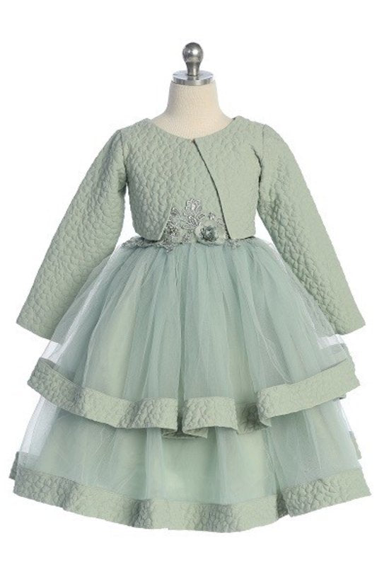 Tulle Layered Jacquard Little Girls Dress