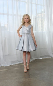 Rhinestone V-neckline Belted Pleated Skirt Girls Dress