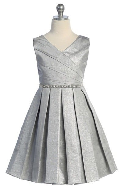 Rhinestone V-neckline Belted Pleated Skirt Girls Dress