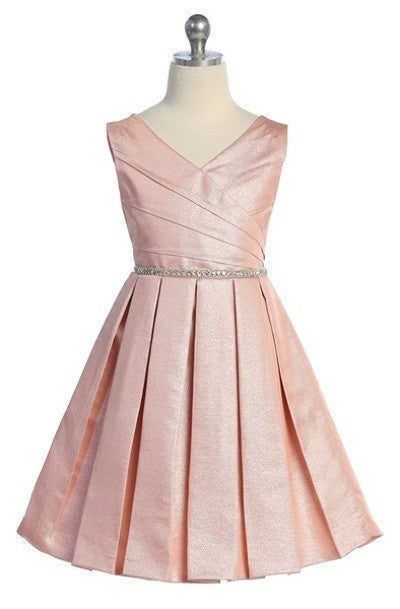 Rhinestone V-neckline Belted Pleated Skirt Girls Dress