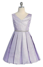 Rhinestone V-neckline Belted Pleated Skirt Girls Dress