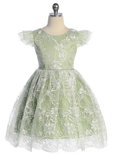 Lace Tulle Sleeve Layered Rhinestone Belt Girls Dress