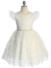 Lace Tulle Sleeve Layered Rhinestone Belt Girls Dress