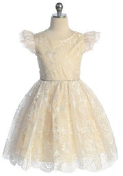 Lace Tulle Sleeve Layered Rhinestone Belt Girls Dress