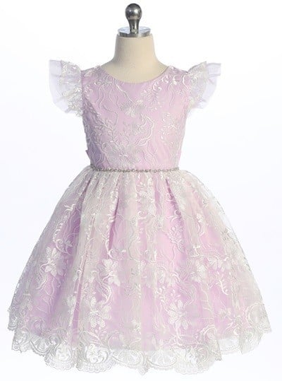 Lace Tulle Sleeve Layered Rhinestone Belt Girls Dress