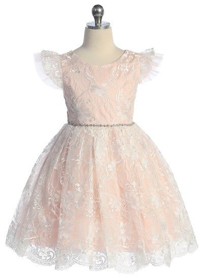 Lace Tulle Sleeve Layered Rhinestone Belt Girls Dress