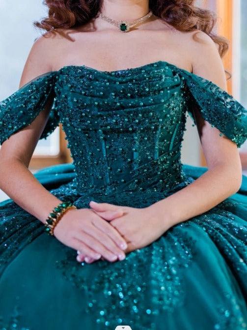Floral Lace Charro Quinceanera Dress Emerald Green / 4 Floral Lace Charro Quinceanera Dress Emerald Green / 4