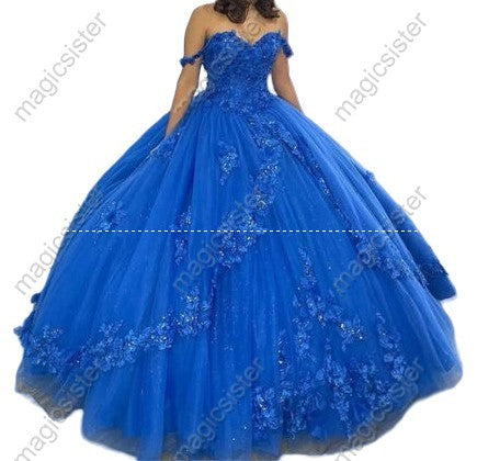 Lace Embroidered Off The Shoulder 3D Flower Quinceanera Ball Gown