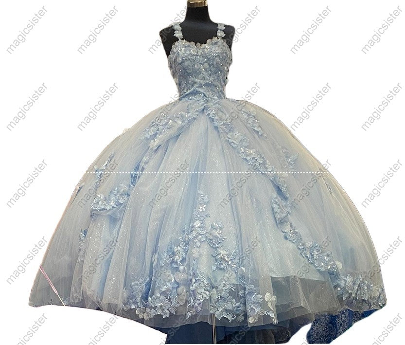 Floral Strapped 3D Embroidered Quinceanera Ball Gown