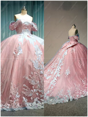 Pink Off-The-Shoulder Embroidered Quinceanera Ball Gown