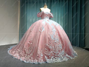 Pink Off-The-Shoulder Embroidered Quinceanera Ball Gown