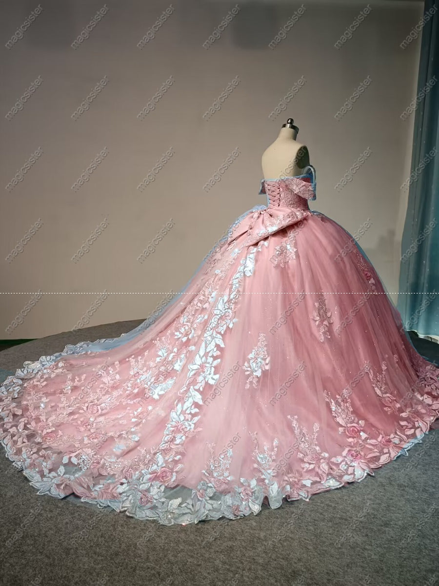 Pink Off-The-Shoulder Embroidered Quinceanera Ball Gown