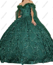 Feather Neckline Floral Quinceanera Ball Gown