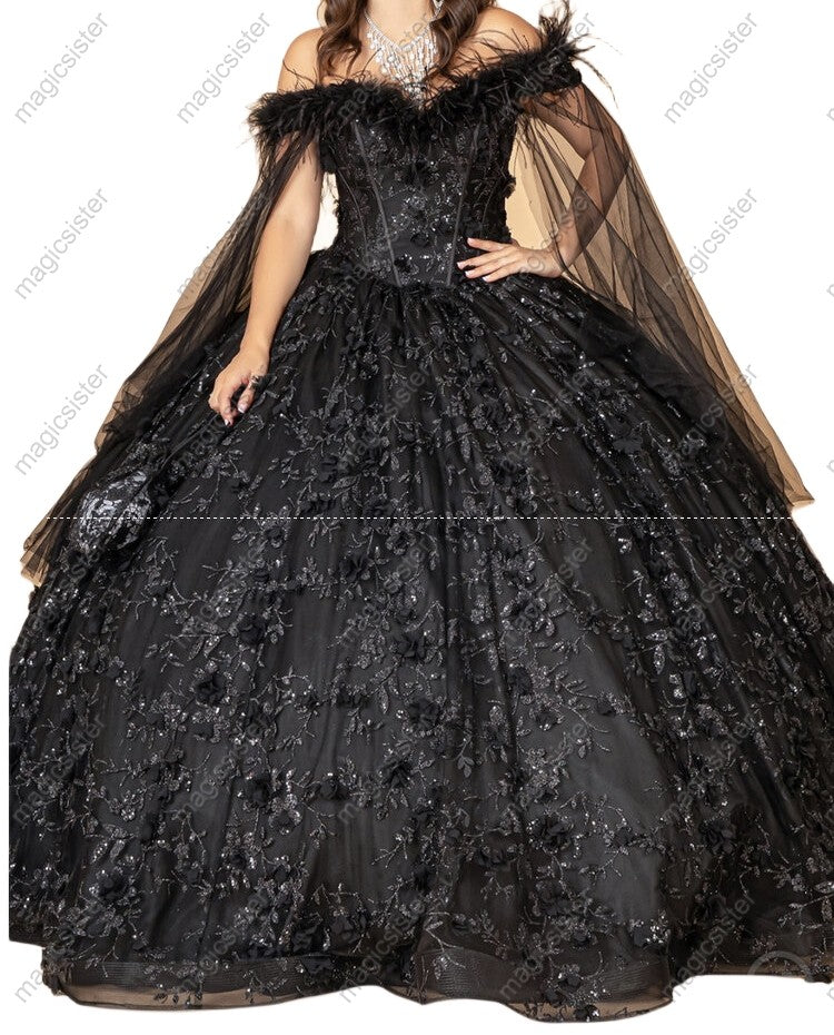 Feather Neckline Floral Quinceanera Ball Gown