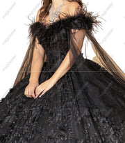 Feather Neckline Floral Quinceanera Ball Gown