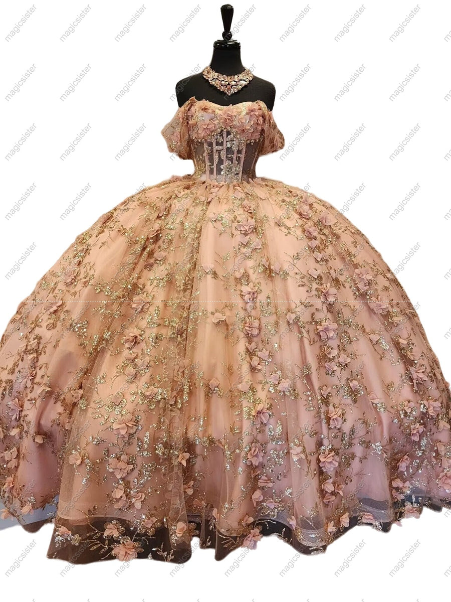 Uplace 3D Tulle Flower Embellished Quinceanera Ball Gown