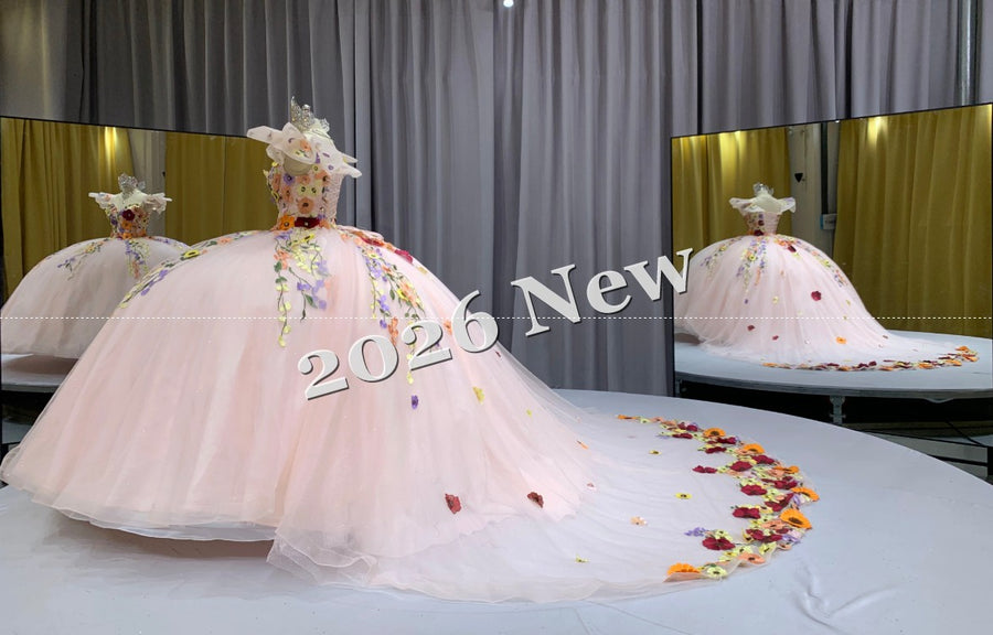 Off Shoulder Quinceañera Ball Gown with 3D Floral Appliqué & Full Tulle Skirt – 2026 Collection